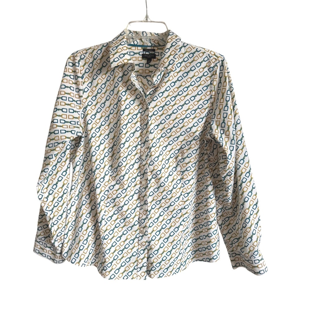 Talbots Petites 12P Button‎ Down Shirt Equestrian Print Blue Green Old Money